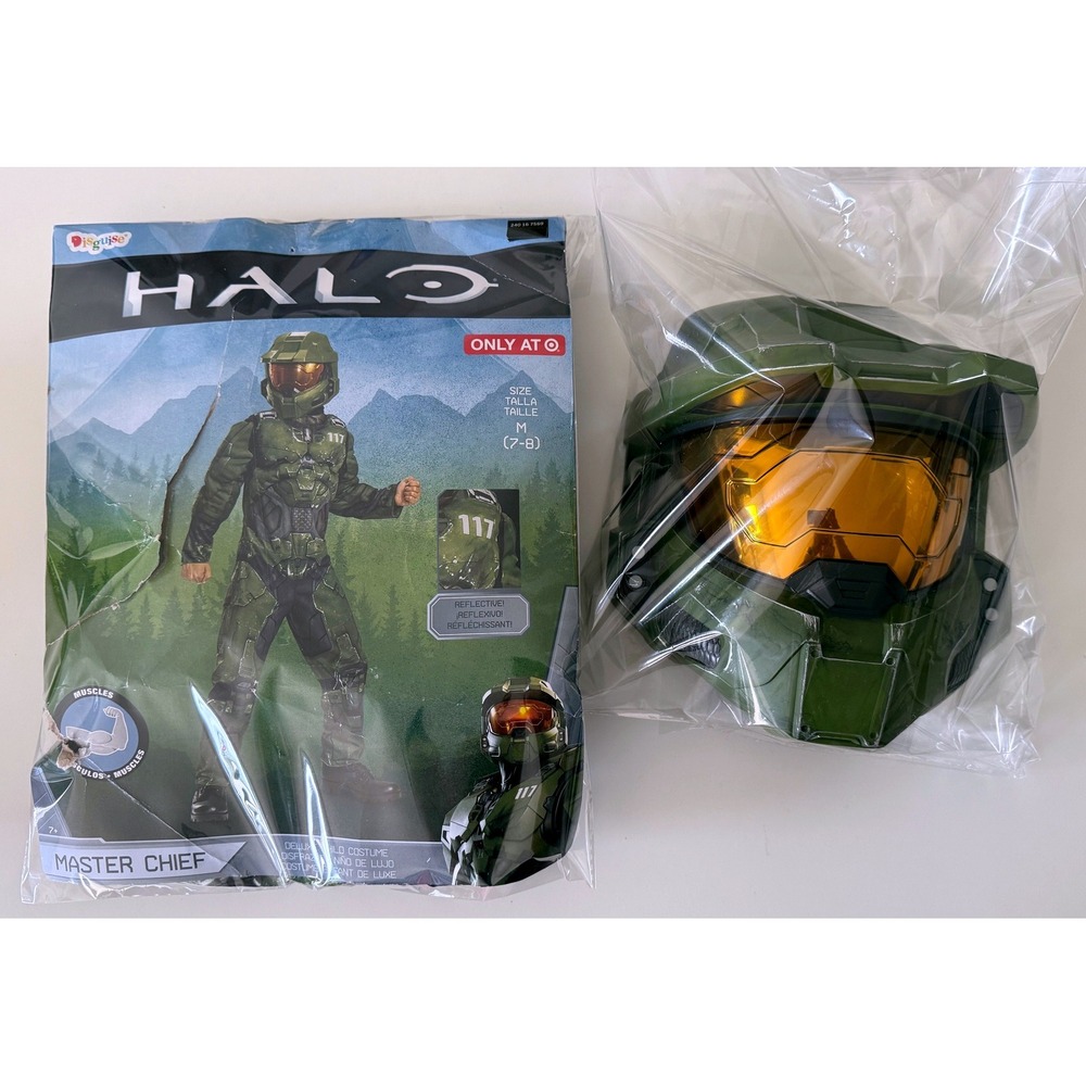 Halo Master Chief Muscle Costume Kids Size M 7-8 Green Spartan Jumpsuit Mask